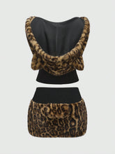ROMWE Grunge Punk Y2K Harajuku Gal Style Patchwork Leopard Faux Fur Cat Ear Hooded Tight 2-Piece Set For Women